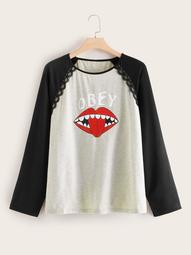 Plus Two Tone Lace Panel Figure Graphic Tee