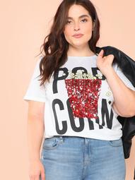 Plus Sequin Popcorn & Letter Graphic T-shirt