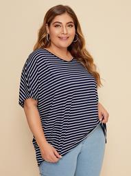 Plus V-neck Batwing Sleeve Striped Top