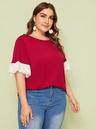 Plus Contrast Embroidery Eyelet Cuff Top