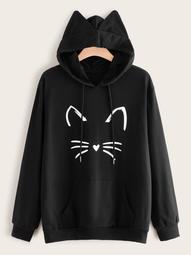 Plus Cat Graphic Ear Hoodie Sweatshirt