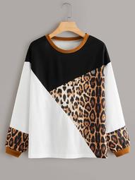 Plus Colorblock Leopard Print Drop Shoulder Sweatshirt