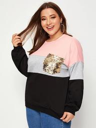 Plus Sequin Patched Cut-and-sew Sweatshirt