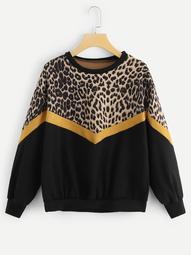 Plus Contrast Leopard Drop Shoulder Sweatshirt