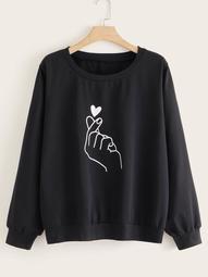 Plus Heart Print Long Sleeve Sweatshirt