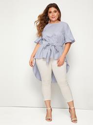 Plus Striped High Low Hem Belted Blouse