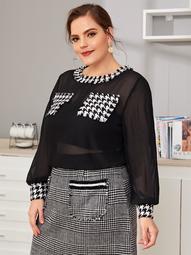 Plus Houndstooth Pocket Patched Sheer Blouse