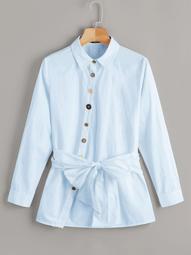 Plus Button Front Belted Blouse