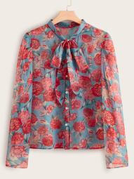 Plus Tie Neck Floral Print Blouse