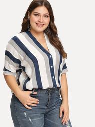 Plus Single Breasted Striped Blouse