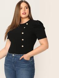 Plus Gold Button Detail Puff Sleeve Top