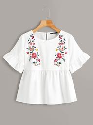 Plus Keyhole Back Embroidery Front Smock Top