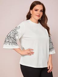 Plus Embroidered Bell Sleeve Top