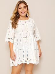 Plus Solid Eyelet Embroidery Babydoll Blouse