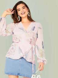 Plus Floral Pleated Sleeve Wrap Knotted Blouse