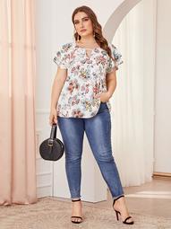 Plus Keyhole Neck Butterfly Sleeve Floral Top