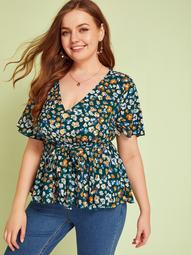 Plus Floral Print Button Front Belted Peplum Top