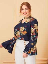 Plus Choker Neck Bell Sleeve Floral Top
