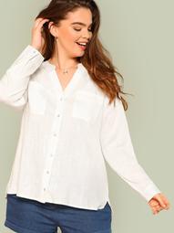 Plus Button Up Long Sleeve Top with Dual Pockets