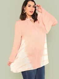 Plus Tie Dye Print Bell Sleeve Top with Keyhole Front LIGHT PEACH