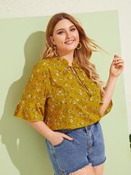 Plus Frill Ditsy Floral Print Blouse