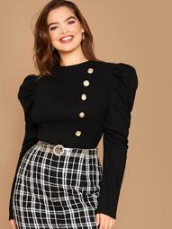 Plus Buttoned Front Puff Sleeve Top