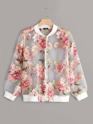 Plus Floral Zip Front Mesh Jacket