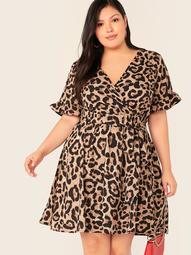Plus Leopard Print Wrap Belted Flare Dress