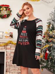 Plus Christmas Striped & Slogan Graphic Tee Dress