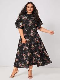 Plus Floral Print Tie Backless Belted Flare Dress
