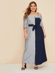 Plus Two Tone Buckle Strap Belted Dress