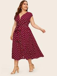 Plus Button Front Polka-dot Print Belted Dress