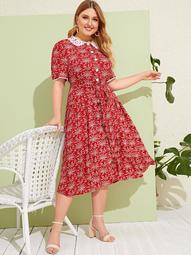 Plus Ditsy Floral Button Front Peter Pan Collar Dress