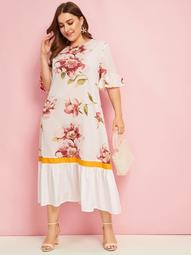 Plus Cut-and-Sew Flippy Hem Floral Print Dress
