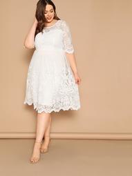 Plus Embroidered Mesh Overlay Scalloped Sweetheart Dress