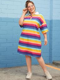Plus Contrast Neck Rainbow Striped Dress