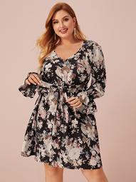 Plus V-neck Ruffle Cuff Floral Print Belted Dress