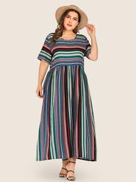 Plus Multi-Stripe Maxi Smock Dress