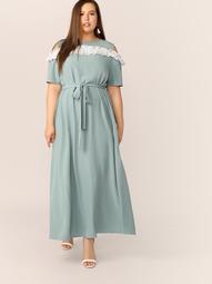 Plus Embroidered Eyelet Ruffle Trim Self Belted Dress