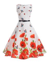 Plus Butterfly & Floral Print Belted Flare Dress