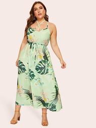 Plus Tropical Print Open Back Cami Dress