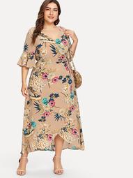 Plus All Over Florals Ruffle Sleeve Wrap Dress