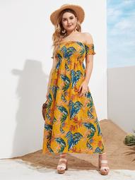 Plus Tropical Print Shirred Off Shoulder Maxi Dress