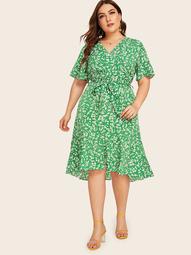 Plus Ditsy Floral Print Belted High Low Dress
