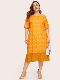 Plus Neon Orange Ruffle Hem Plants Print Dress