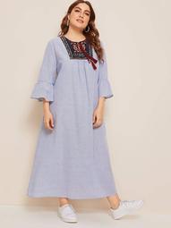 Plus Embroidery Front Striped Peasant Dress