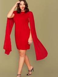 Plus Solid Exaggerated Pleated Sleeve Dress Without Belt