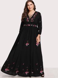 Plus Lace Up Front Floral Embroidered Maxi Dress