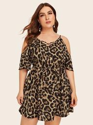 Plus Leopard Print Cold Shoulder Belted Dress