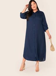 Plus Roll Up Sleeve Self Belted Shirt Dress